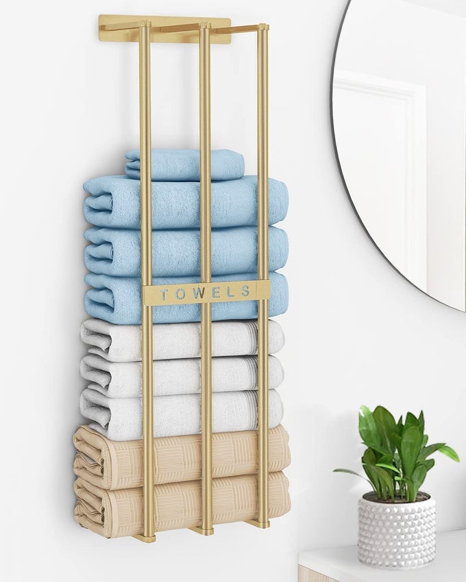 BATHROOM TOWEL STORAGE WALL TOWEL RACK FOR ROLLED TOWELS BATH TOWEL HOLDER WALL 30 INCH TOWEL RACKS WALL MOUNTED FOR SMALL BATHROOM GOLD