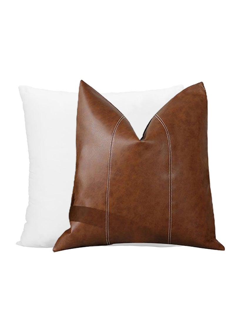 Aikanbo 45*45cm Brown Waterproof PU Imitation Leather Pillow Set（Includes Pillowcase and Pillow Core），Suitable for Outdoor Sofa Bed，hHand-Sewn Square Cushion Cover（Brown） - Image 2
