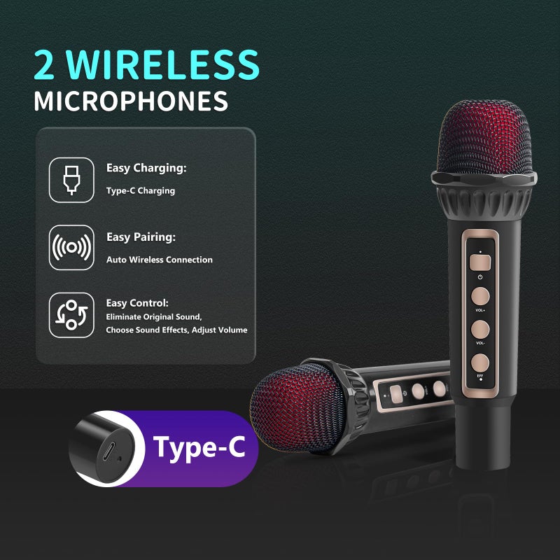 Fansbe Tech Portable Karaoke Machine 2 Microphones, Bluetooth Karaoke Machine For Adults Singing PA System With LED Lights Supports TF Card/USB Home Party Wedding Outdoor - Image 2