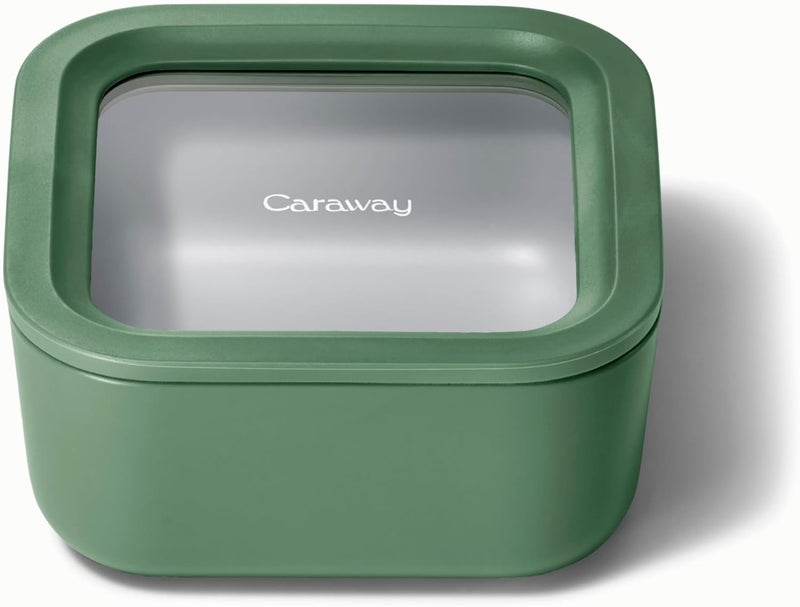 CARAWAY Glass Food Storage, 4.4 Cup Glass Container - Ceramic Coated Food Container - Easy to Store, Non Toxic, Non Stick Lunch Box Container with Glass Lids. Dishwasher, Oven, & Microwave Safe - Sage - Image 1