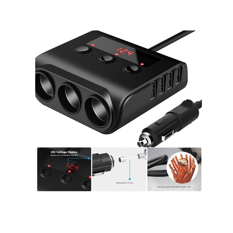 Zikra 3 Socket Car Cigarette Lighter Adapter, 12V/24V 100W Car Cigarette Lighter Splitter 3.1A 4 USB Port Car Charger with Separate Switch and LED Voltage Display for Mobile Phone - Image 2