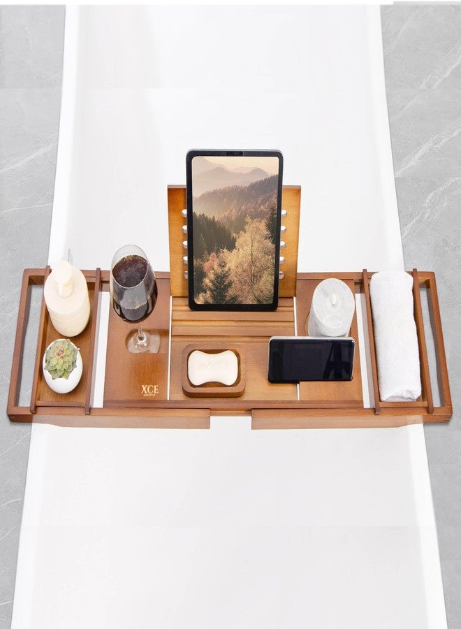 XcE Bathtub Caddy Tray Expandable to 105cm with Bamboo Book Stand and Soap Tray, Brown - Image 5