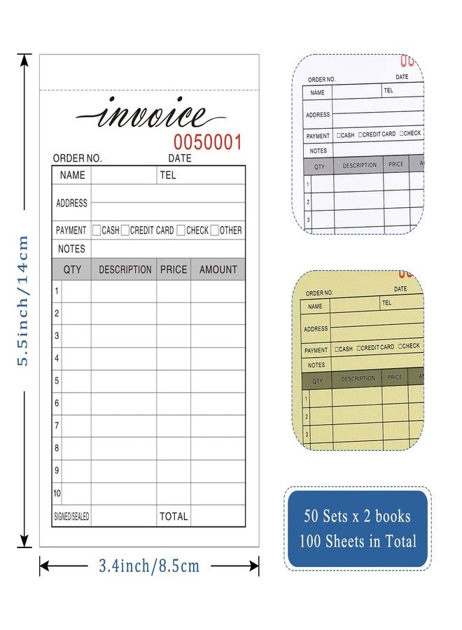 Homvle Invoice Receipt Book, 3.4x5.5" Handheld 2-Part Carbonless Sales Invoice Book, Invoice Pad with Cardboard for Small Boutique Business, (50 Sets * 2 Pack) - Image 2