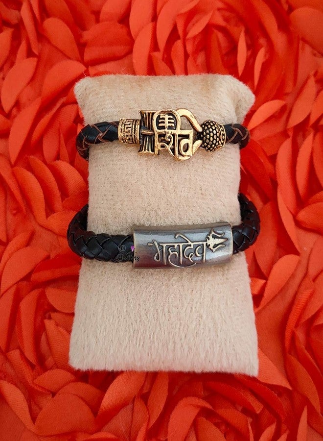 Sullery Religious Shiv Trishul Mahakal Arm Cuff Combo Set Gold,Black and Brown Leather, Brass Bracelet for Men and Women - Image 2
