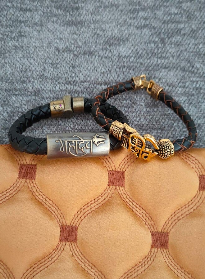 Sullery Religious Shiv Trishul Mahakal Arm Cuff Combo Set Gold,Black and Brown Leather, Brass Bracelet for Men and Women - Image 3