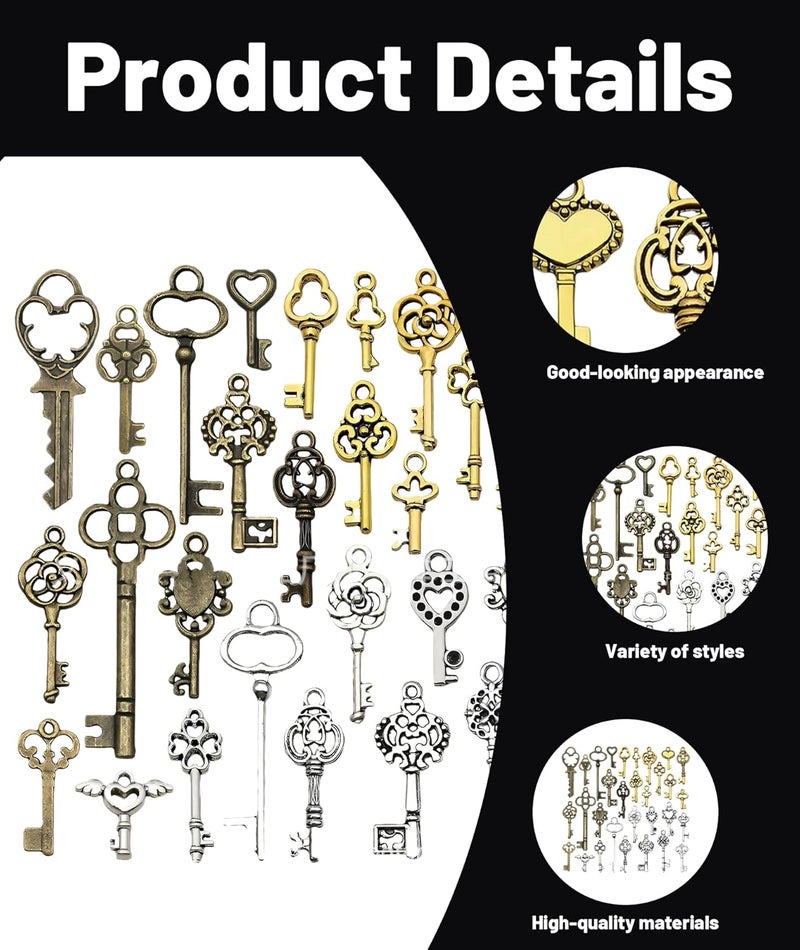 BdelrinQue مجموعة مفاتيح عتيقة مكونة من 31 قطعة، مفاتيح قديمة، لصنع، مفاتيح مزيفة على الطراز العتيق للحرف اليدوية، زينة إكسسوارات مصنوعة يدويًا - Image 3