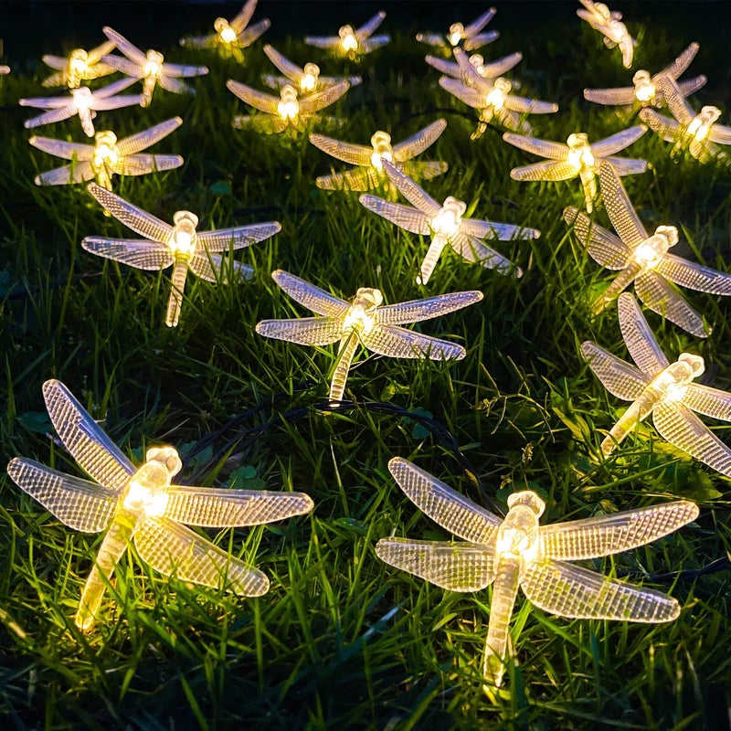 Solar Dragonfly String Light 30LED 21ft Garden Stake Lights Waterproof Outdoor Twinkle Fairy Lights with 8 Lighting Modes for Trees Patio Fence Christmas Decor Warm White