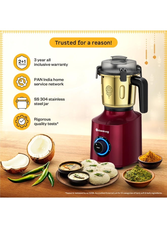 Atomberg Zenova Special Edition Mixer Grinder | Unique Coarse Mode for Silbatta-like Texture | BLDC Motor | Safety Features | 4 Jars including Chopper | Hands-Free Operation | Heritage Brass-Red Wine - Image 4