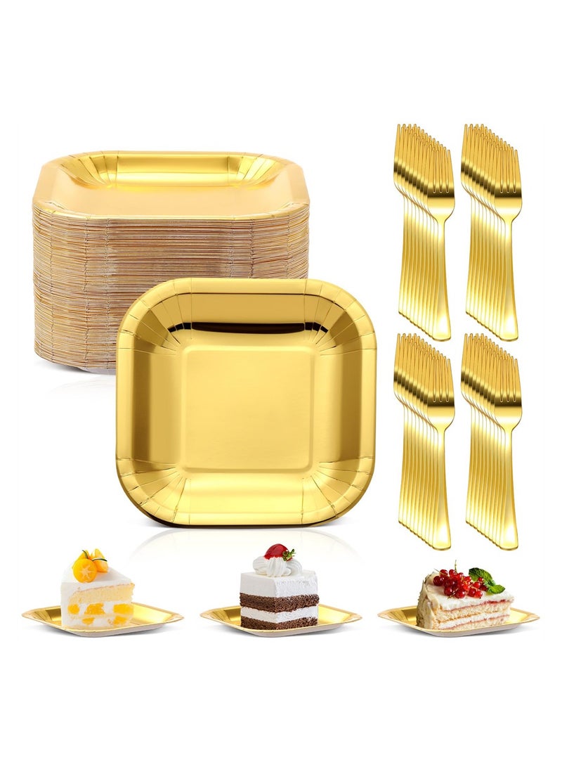 KASTWAVE Disposable Party Dinnerware Set, 7 in Square Disposable Gold Paper Plates with 7.28 in Gold Plastic Forks, Heavy Duty Paper Plates, Gold Dinnerware Set for Party Supplies Wedding (100 Pcs) - Image 1