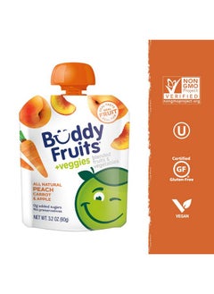 بادي فروتس وجبات خفيفة من Buddy Fruits & Veggies، صلصة التفاح غير المحلاة بالخوخ والجزر، 3.2 أونصة (18 كيسًا) خالية من الجلوتين والمكسرات ومنتجات الألبان والمواد الحافظة وBPA، وغير معدلة وراثيًا، وكوشر  - Image 2