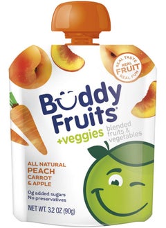 بادي فروتس وجبات خفيفة من Buddy Fruits & Veggies، صلصة التفاح غير المحلاة بالخوخ والجزر، 3.2 أونصة (18 كيسًا) خالية من الجلوتين والمكسرات ومنتجات الألبان والمواد الحافظة وBPA، وغير معدلة وراثيًا، وكوشر  - Image 1