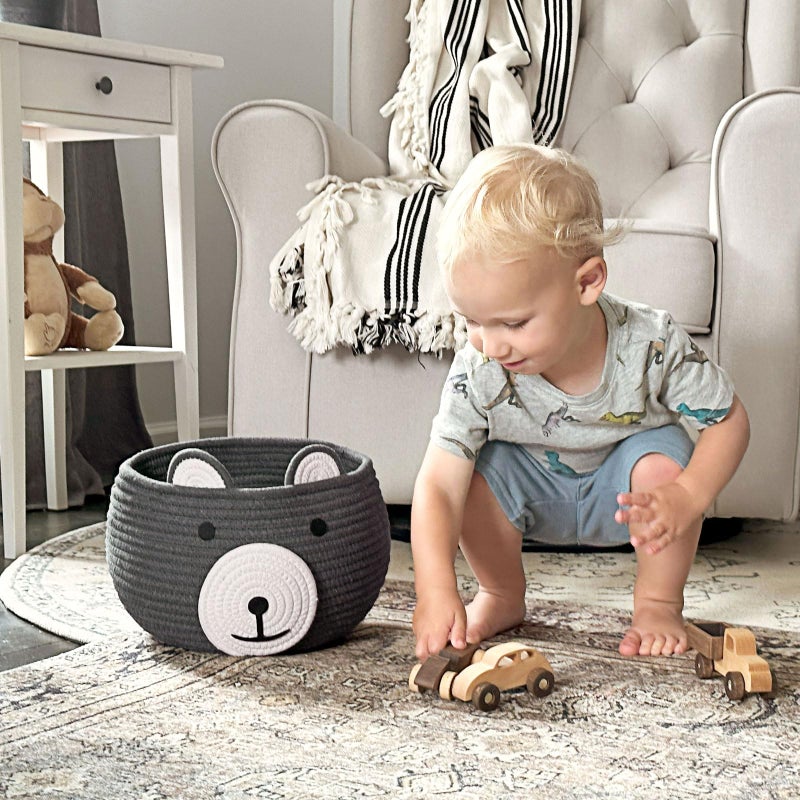 CherryNow Baby Basket for Nursery, Bear Gift Baskets for Kids, Empty Baby Shower Basket with Handles, Small Cute Animal Cotton Rope Baskets, Grey, 10.5"D x 8.5"H - Image 2