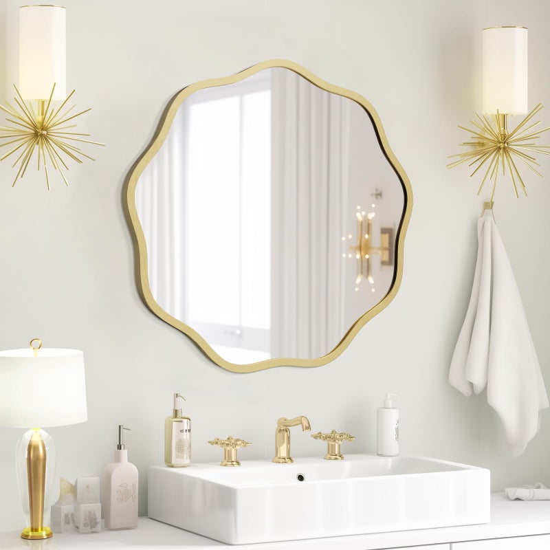 WallBeyond Round Wavy Mirror for Wall Decorative 20 inch, Modern Round Mirror Aluminum Frame for Bathroom Bedroom Living Room Home House Office Entryway, Gold - Image 1