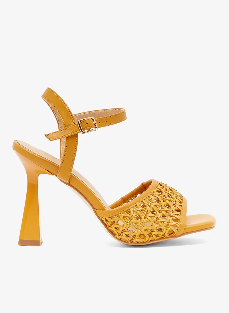 ELLA Mustard sandal with woven mesh front strap and sculpted heel