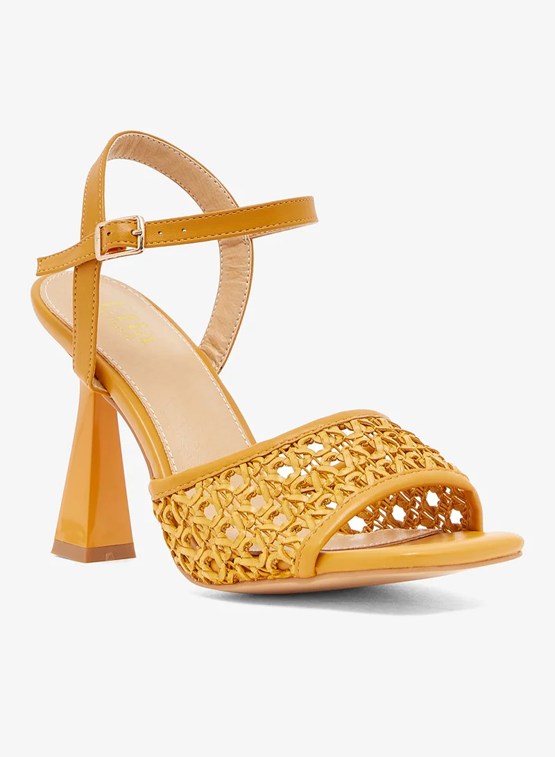 ELLA Mustard sandal with woven mesh front strap and sculpted heel