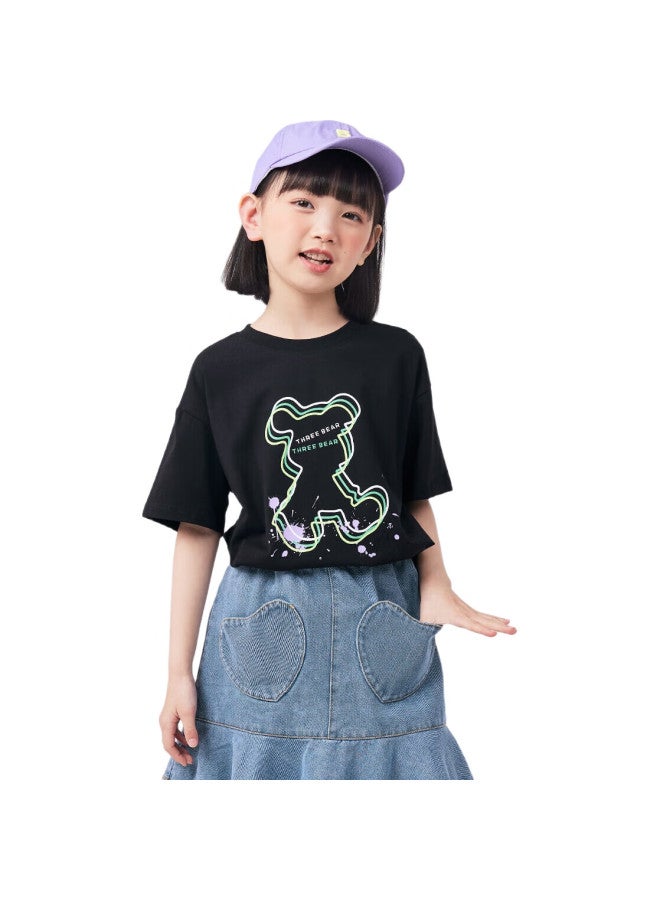 QQ DUCK تي شيرت قصير الأكمام للأطفال من كيو كيو دك، ملابس صيفية للبنات، سويت شيرت، ملابس طلابية وشبابية، تي شيرت دب، أسود، مقاس 140 - Image 1