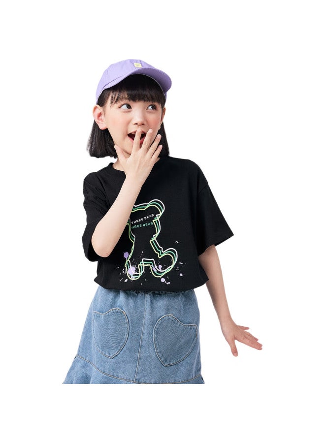 QQ DUCK تي شيرت قصير الأكمام للأطفال من كيو كيو دك، ملابس صيفية للبنات، سويت شيرت، ملابس طلابية وشبابية، تي شيرت دب، أسود، مقاس 140 - Image 2