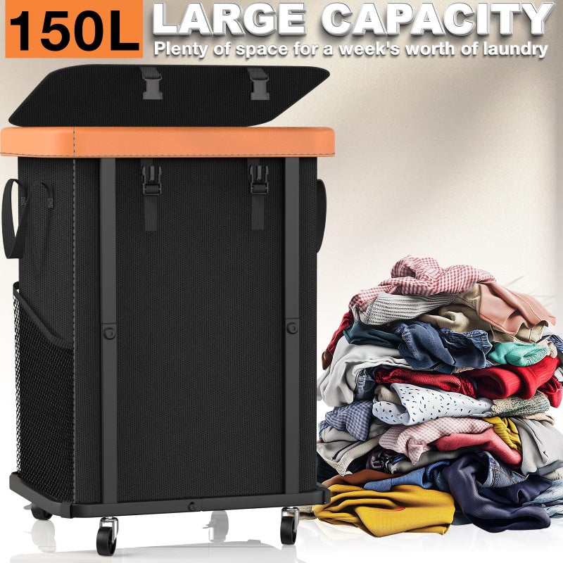 alentar 150L (40 Gal) Large Fashion Laundry Basket with Wheels, Leather Patchwork Rolling Hamper Carts, Sturdy Metal Frame, Removable Washable Bag, Tall Clothes Sorter for Bedroom, Laundry Room, Dorm - Black - Image 3