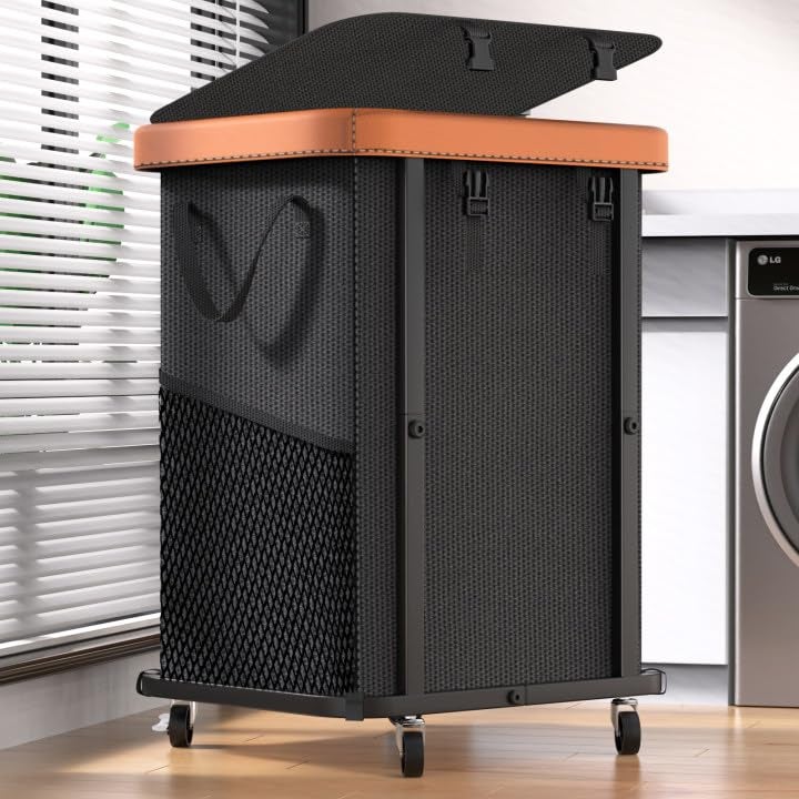 alentar 150L (40 Gal) Large Fashion Laundry Basket with Wheels, Leather Patchwork Rolling Hamper Carts, Sturdy Metal Frame, Removable Washable Bag, Tall Clothes Sorter for Bedroom, Laundry Room, Dorm - Black - Image 1