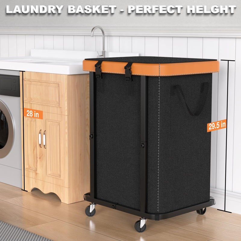alentar 150L (40 Gal) Large Fashion Laundry Basket with Wheels, Leather Patchwork Rolling Hamper Carts, Sturdy Metal Frame, Removable Washable Bag, Tall Clothes Sorter for Bedroom, Laundry Room, Dorm - Black - Image 4