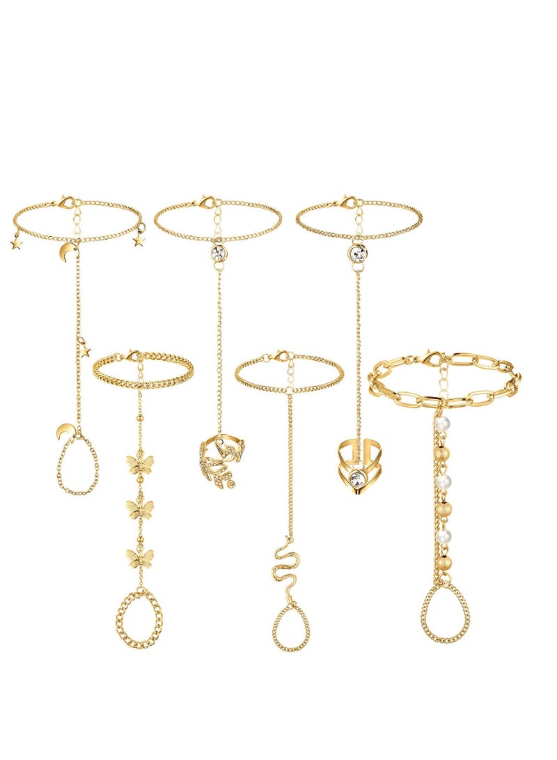 SYOSI Finger Ring Bracelet, Ring Bracelet Hand Chain for Women, Silver Wedding Link Chain, Bracelet with Ring, Ring Bracelet Accessories Party Everyday Jewelry for Women Girls 6 Pieces - Image 1