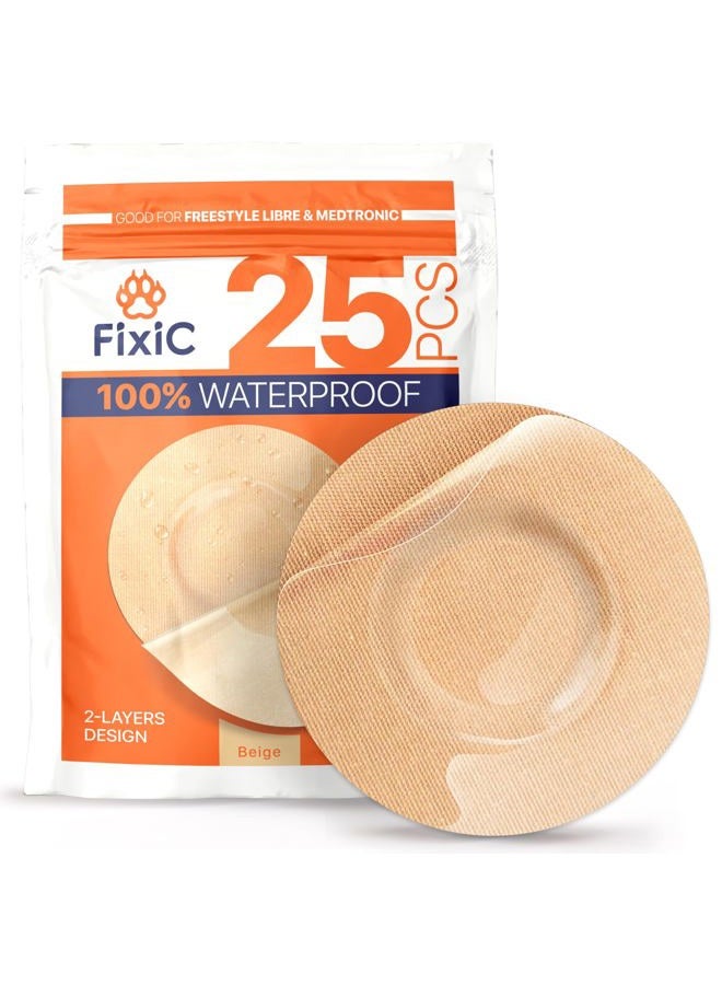 Fixic Freestyle Adhesive Patch 25 PCS – Good for Libre 1, 2, 3 & Plus – Enlite – Guardian – NO Glue in The Center of The Patch – Pre-Cut Back Paper – Long Fixation for Your Sensor! (2-Layers Tan) - Image 1