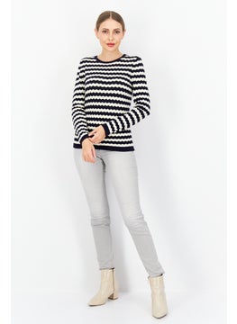 Zero Women Round Neck Long Sleeve Stripe Sweater, Navy Blue  - Image 3