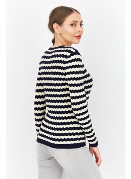 Zero Women Round Neck Long Sleeve Stripe Sweater, Navy Blue  - Image 2