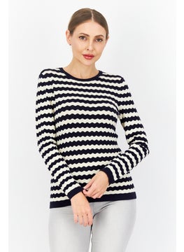 Zero Women Round Neck Long Sleeve Stripe Sweater, Navy Blue  - Image 1