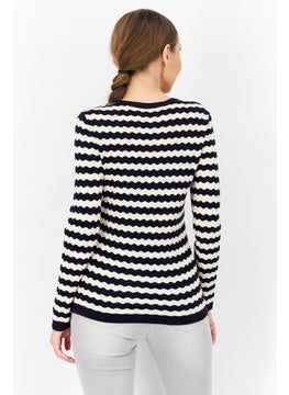Zero Women Round Neck Long Sleeve Stripe Sweater, Navy Blue  - Image 4