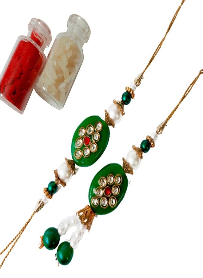 TreasureBox Handcrafted Rakshan Bandhan Rakhi for Bhaiya Bhabhi (Rakhi with Lumba, Roli Tilak Set in Elegant Box Packing) (Emerald Green) - Image 1