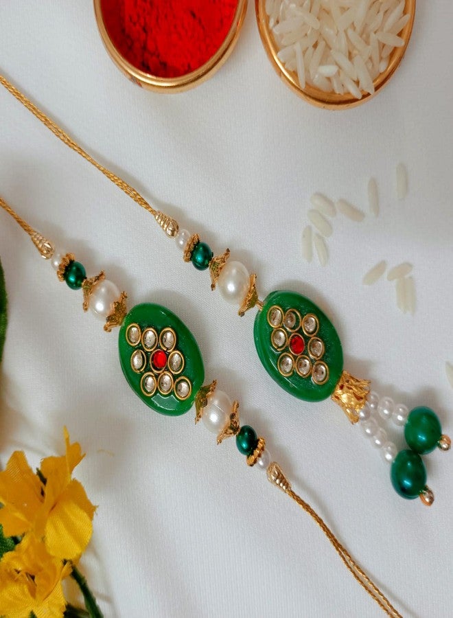 TreasureBox Handcrafted Rakshan Bandhan Rakhi for Bhaiya Bhabhi (Rakhi with Lumba, Roli Tilak Set in Elegant Box Packing) (Emerald Green) - Image 2