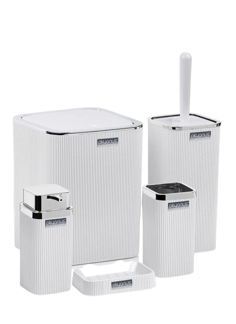 Okyanus Stella chrome bathroom accessories set 5 pieces set toilet brush liquid soap dispenser trash waste bin tooth brush and paste holder soap dish cup white  - Image 1
