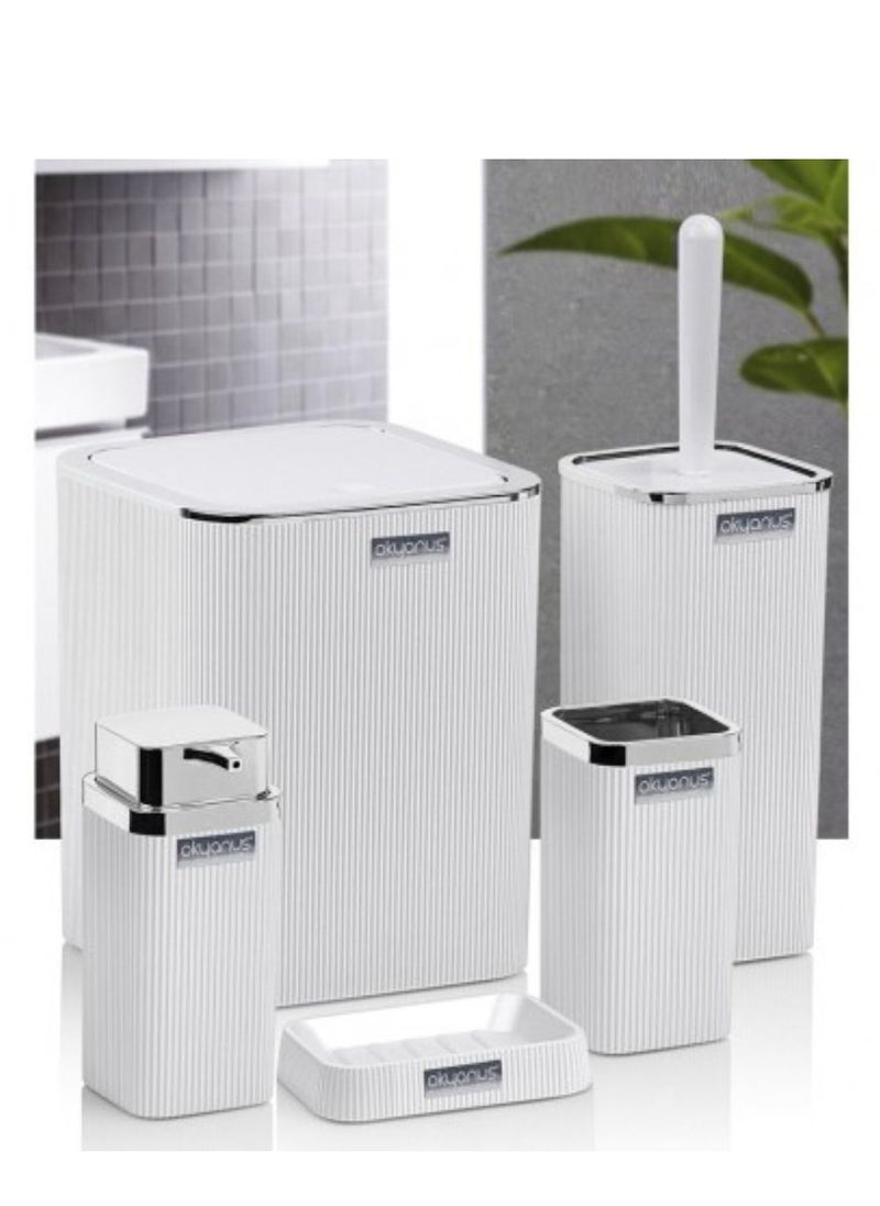 Okyanus Stella chrome bathroom accessories set 5 pieces set toilet brush liquid soap dispenser trash waste bin tooth brush and paste holder soap dish cup white  - Image 2