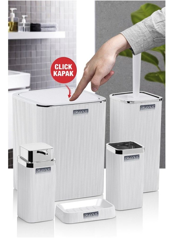 Okyanus Stella chrome bathroom accessories set 5 pieces set toilet brush liquid soap dispenser trash waste bin tooth brush and paste holder soap dish cup white  - Image 3