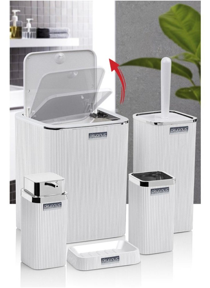 Okyanus Stella chrome bathroom accessories set 5 pieces set toilet brush liquid soap dispenser trash waste bin tooth brush and paste holder soap dish cup white  - Image 4