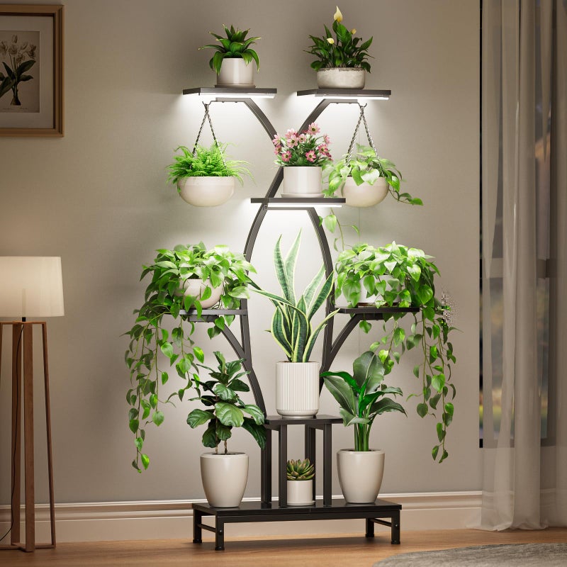 VOZZYOTO Plant Stand Indoor with Grow Lights - 7 Tiered Metal Corner Shelf for Multiple Plants, 63" Corner Plant Stand for Indoor Plants, X-Shaped Plant Rack for Home, Living Room, Office & Patio Decor - Image 1