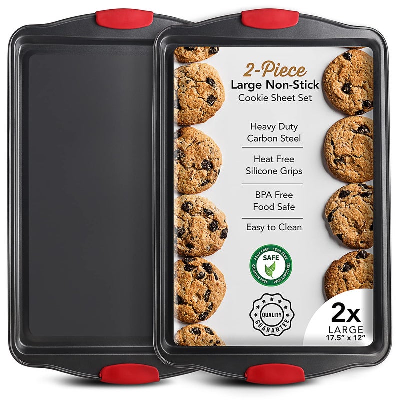 Baking Sheet Set 2Piece Large Cookie Sheet Set with Silicone Handles Steel Baking Pan Baking Sheets for Oven BPA Free Nonstick Set Half Sheet Pans Black Baking Tray