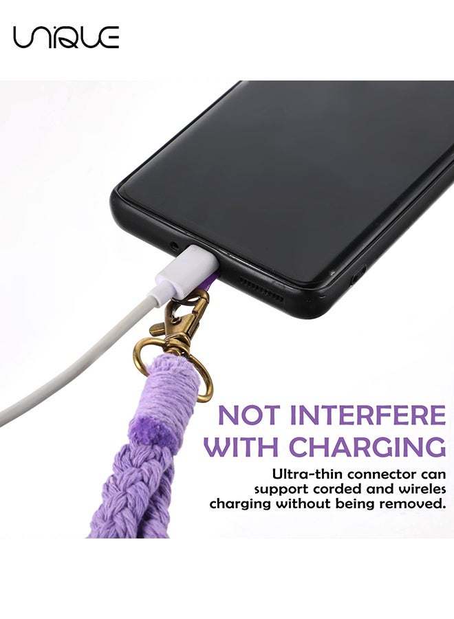 يونيك سوار معصم هاتف 2 قطعة - حبل هاتف محمول - مع 2× علامة ربط الهاتف - حزام مفاتيح ماكرامي يدوي - حبل معصم لحافظة الهاتف للنساء والبنات (رمادي بنفسجي) - Image 4