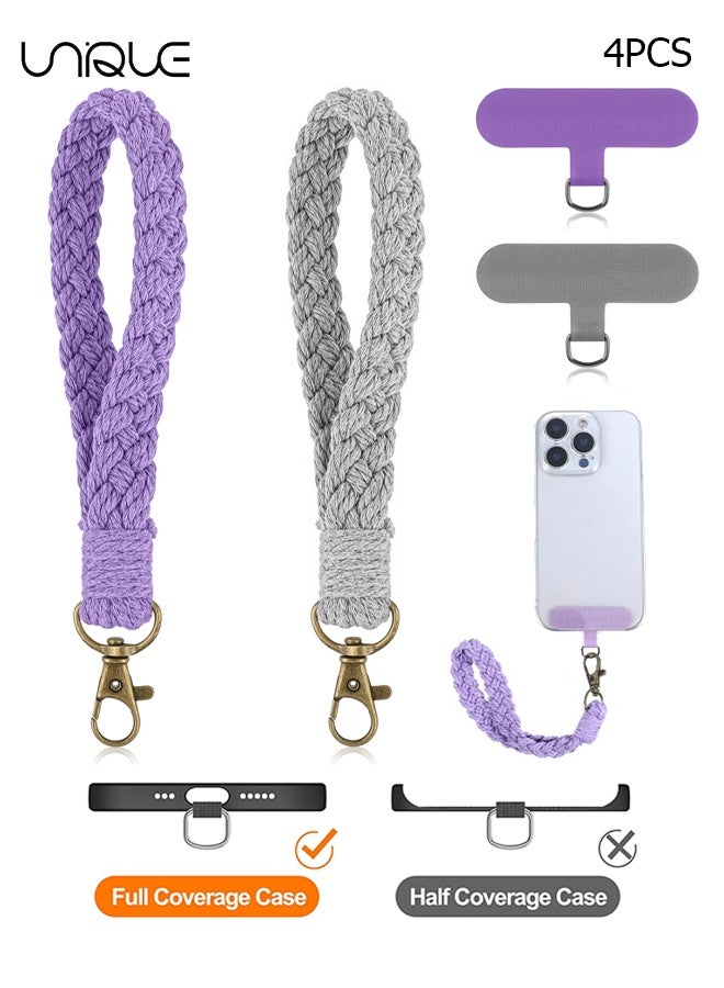 يونيك سوار معصم هاتف 2 قطعة - حبل هاتف محمول - مع 2× علامة ربط الهاتف - حزام مفاتيح ماكرامي يدوي - حبل معصم لحافظة الهاتف للنساء والبنات (رمادي بنفسجي) - Image 1