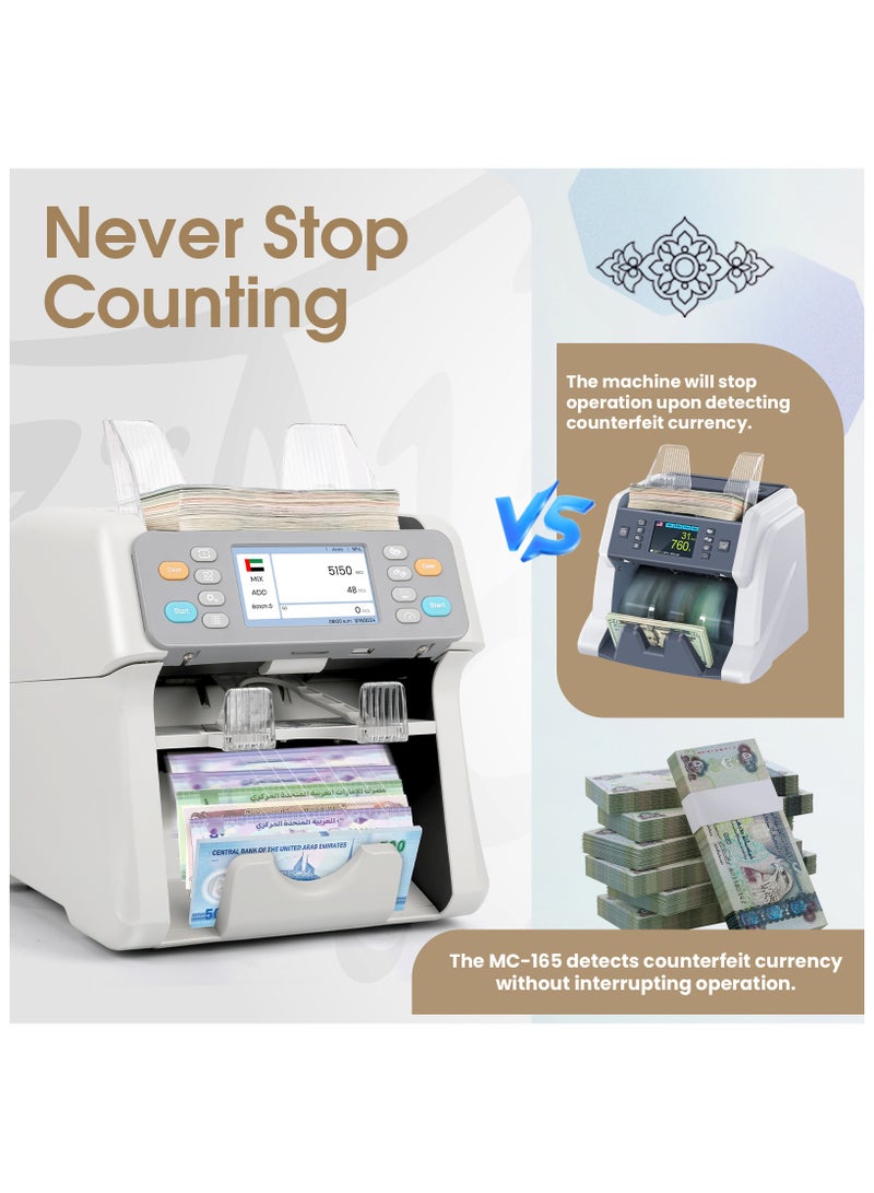 RIBAO MCS-165 Bank Grade Money Counter Machine Mixed Denomination, Two Pocket Bill Couting with CIS/UV/MG/IR Detection, Support for 15 Muti Currencies, White - Image 4