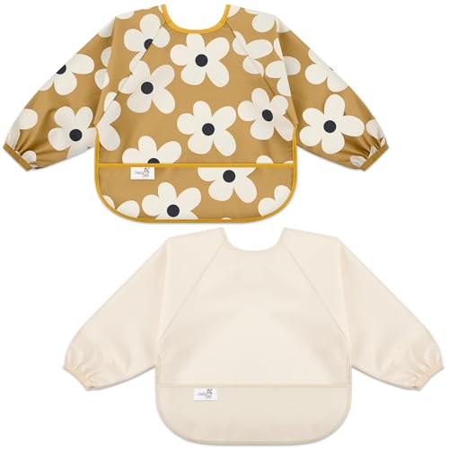 BebeBiu Long Sleeve Baby Bib, Waterproof Fabric, Full Coverage with Catch-All Pocket, Baby Smock Bib, Adjustable Sleeves Toddler bib for Ages 6-24 Months (Floral Lovry, Small 6-24 Months) - Image 1
