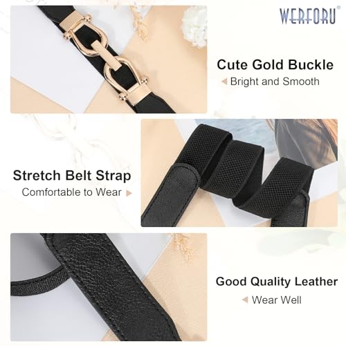 WERFORU Women Skinny Belt for Dresses Retro Stretch Waist Belt with Gold Buckle Set of 4,Black+Brown+White+Beige - Image 4