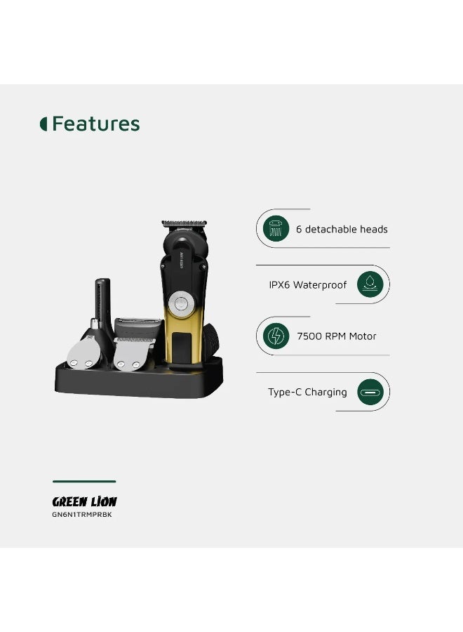 GREEN LION 6 in 1 Trim Pro Grooming Kit 2 Speed Levels / 7500 RPM Motor / Digital Display / IPX6 Waterproof / 120 Min Runtime / Body Hair Trimmer, Taper Clipper Head Trimmer, T-Blade Trimmer, Nose Hair Trimmer, Styling Head, Shaver- Black - Image 2