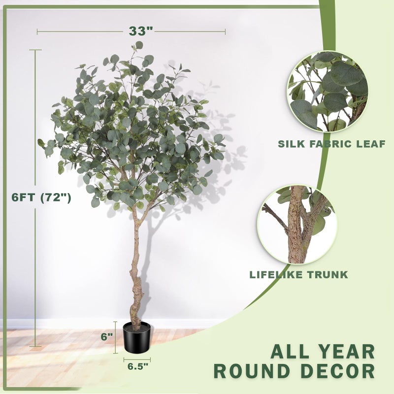 LYERSE 6ft Artificial Eucalyptus Tree in Plastic Nursery Pot, Tall Faux Eucalyptus Stems Fake Plants with 846 Silver Dollar Leaves, Artificial Trees for Office House Living Room Home Decor Indoor - Image 2