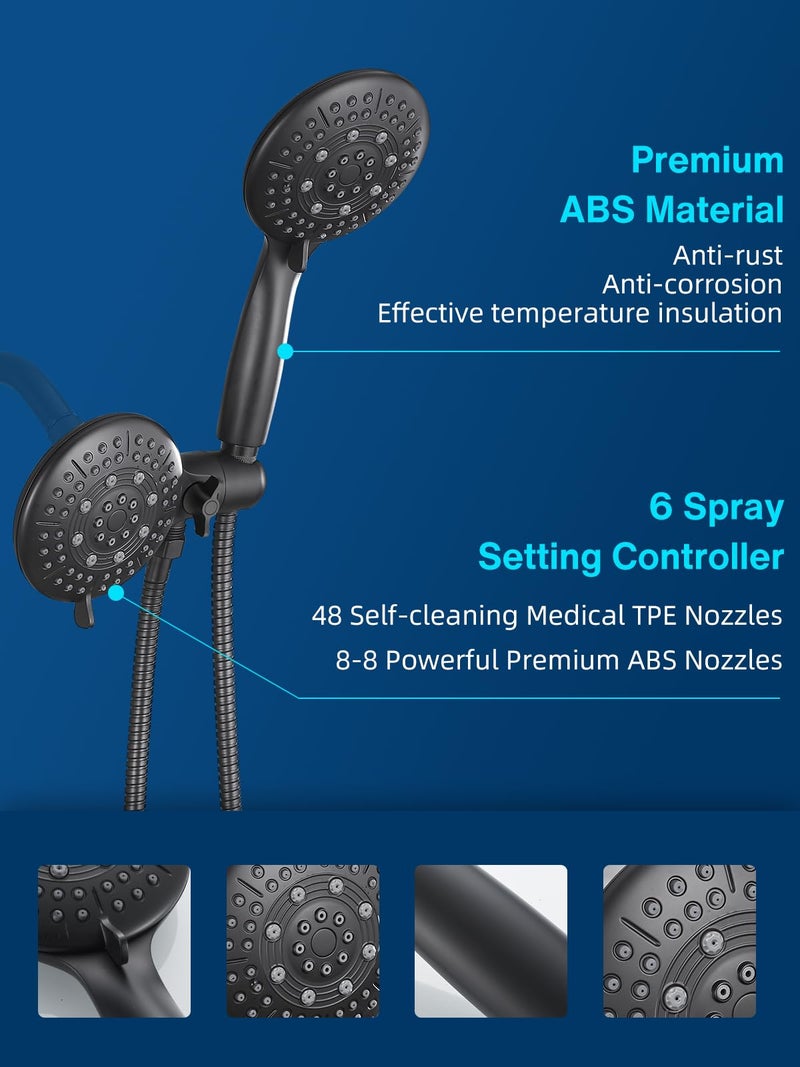 Cobbe Dual Handheld Shower Head Combo, Powerful Water-Saving Shower System 2 in 1 High Pressure Rainfall Shower Combo 48-Setting 3-Way Water Diverter with Anti-Swivel Lock Nut, 6 Spray Mode - Image 5