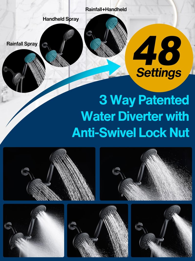 Cobbe Dual Handheld Shower Head Combo, Powerful Water-Saving Shower System 2 in 1 High Pressure Rainfall Shower Combo 48-Setting 3-Way Water Diverter with Anti-Swivel Lock Nut, 6 Spray Mode - Image 3