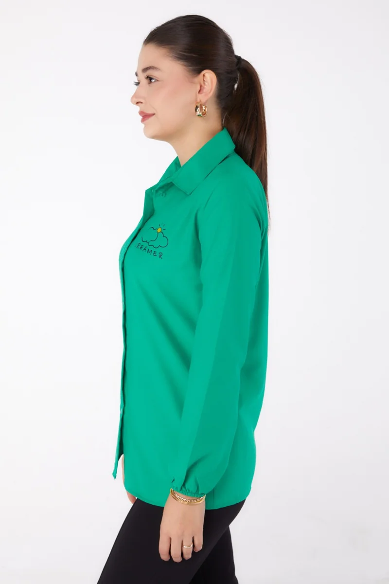 Tofisa Plain Shirt Collar Women's Green Printed Shirt - 13342