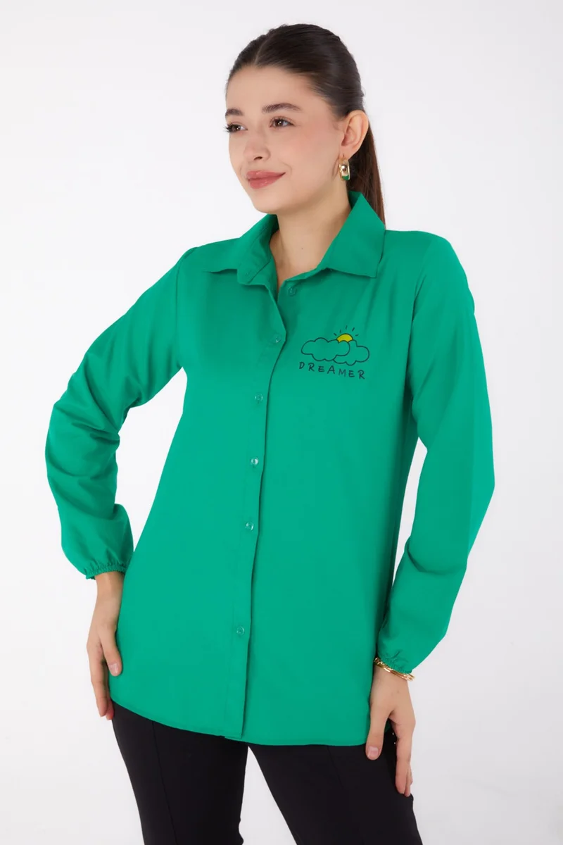 Tofisa Plain Shirt Collar Women's Green Printed Shirt - 13342