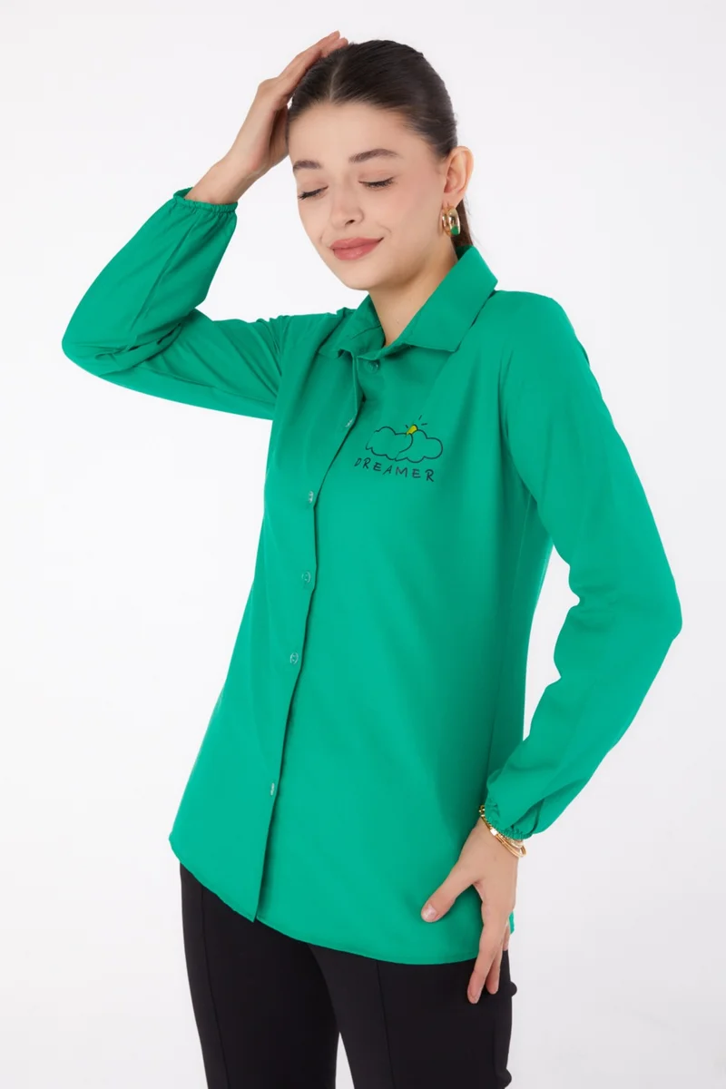 Tofisa Plain Shirt Collar Women's Green Printed Shirt - 13342